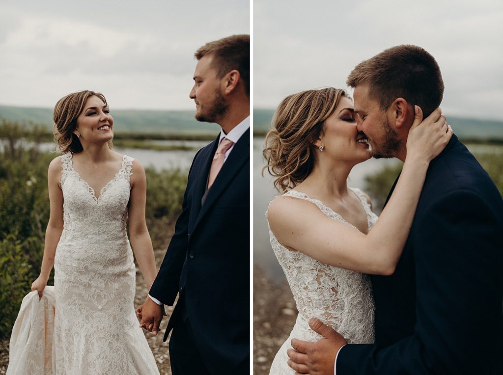 Bride and Groom holding hands and looking at each other and kissing