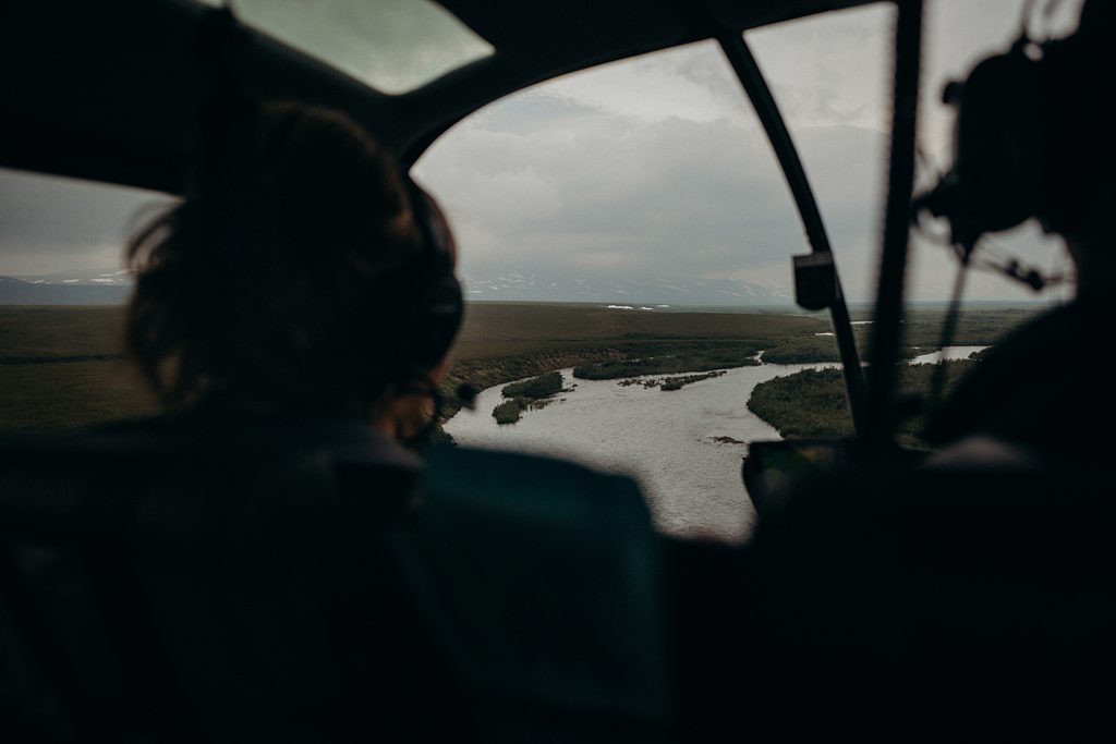 Bride looking out Helicopter