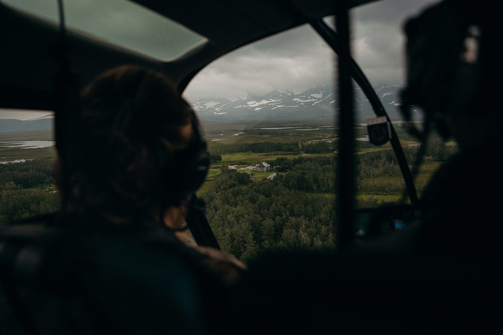 Helicopter view of snowy mountains