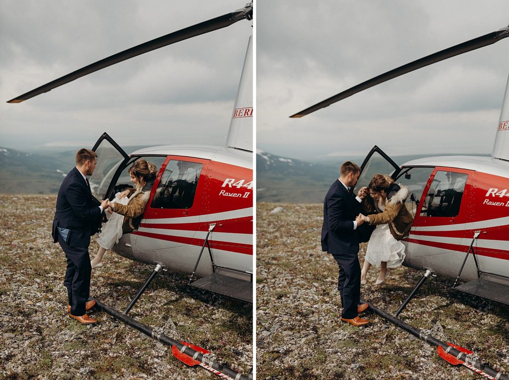 Bride and Groom exiting Helicopter onto mountain