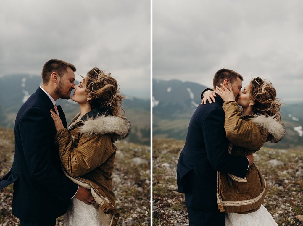 Bride and Groom kissing on the mountain