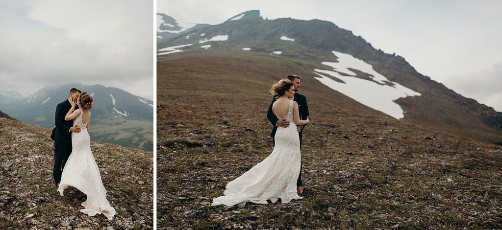 Bride and Groom kissing on the mountain