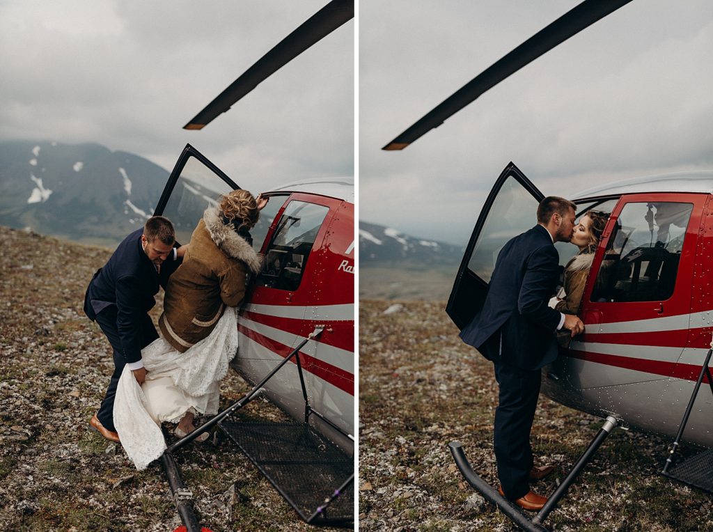 Groom helping Bride get in the Helicopter
