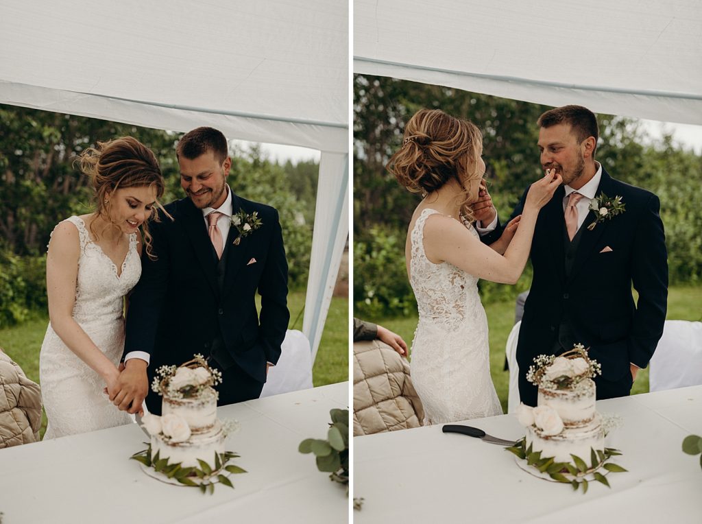 Bride and Groom cutting and tasting cake together