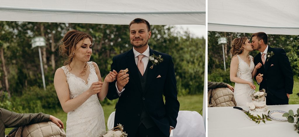 Bride and Groom kissing after cake tasting